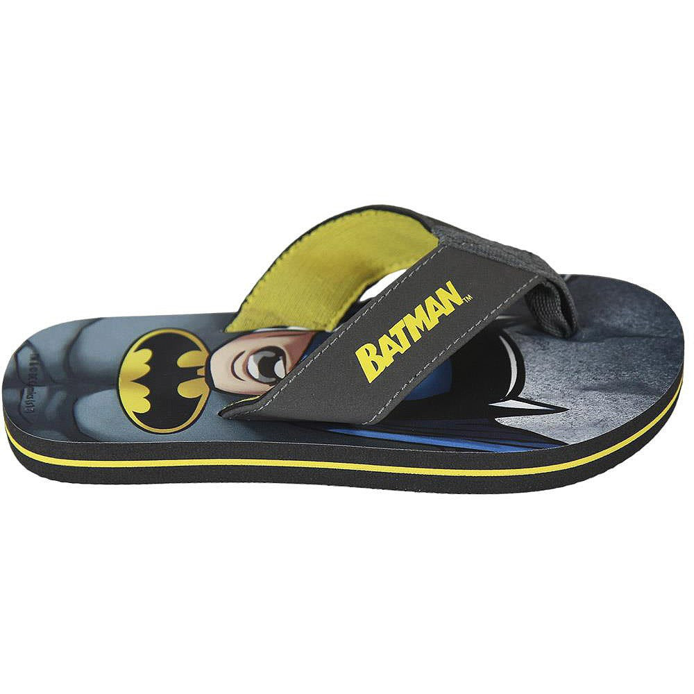 Batman flip flops, side view, gray strap with Batman logo and yellow accent