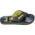 Batman flip flops with black straps, yellow Batman face graphic, dark flip sole