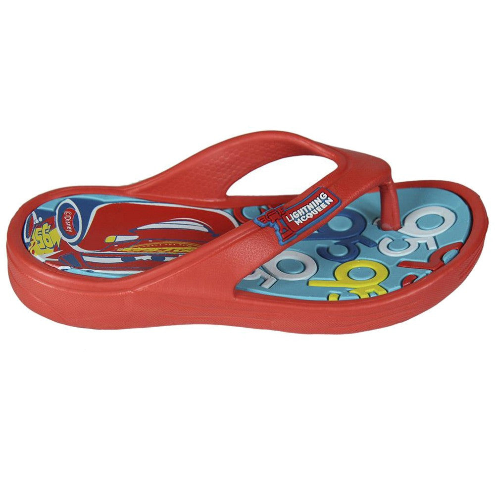 Cars 3 red flip-flops, side view, with character graphic on footbed