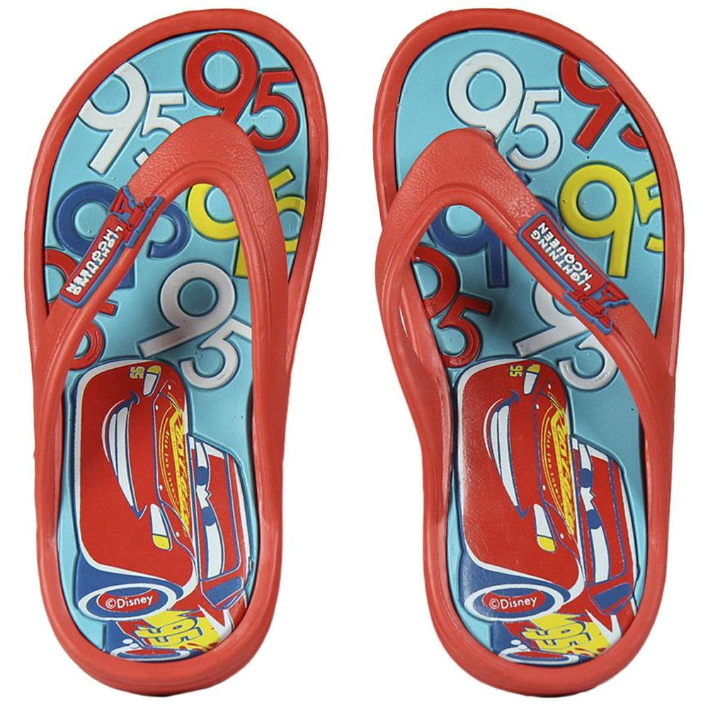 Cars 3 flip-flops, red straps with blue graphic print and rubber toe thong