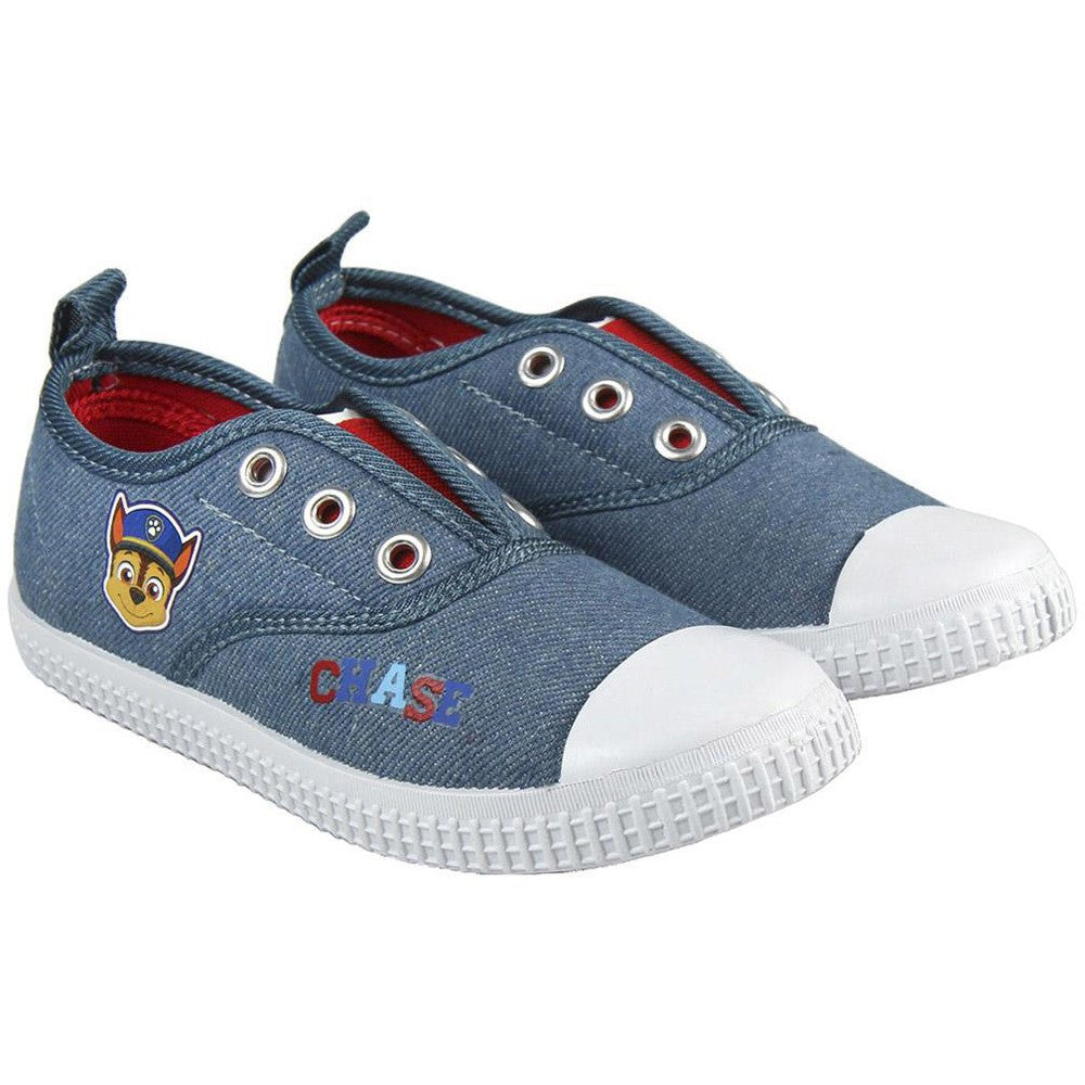 Blue canvas sneakers with Paw Patrol-style logo, red CHASE text, and white rubber sole