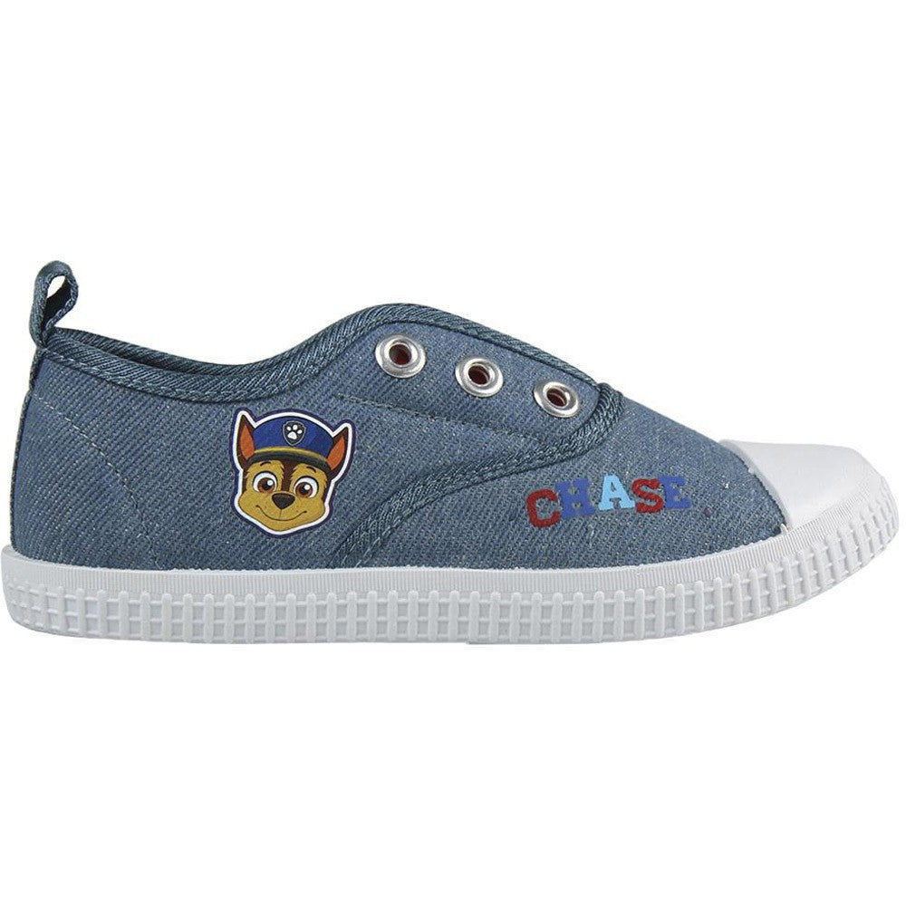 Low-top blue canvas sneaker with Paw Patrol-style badge logo, red CHASE print, white sole
