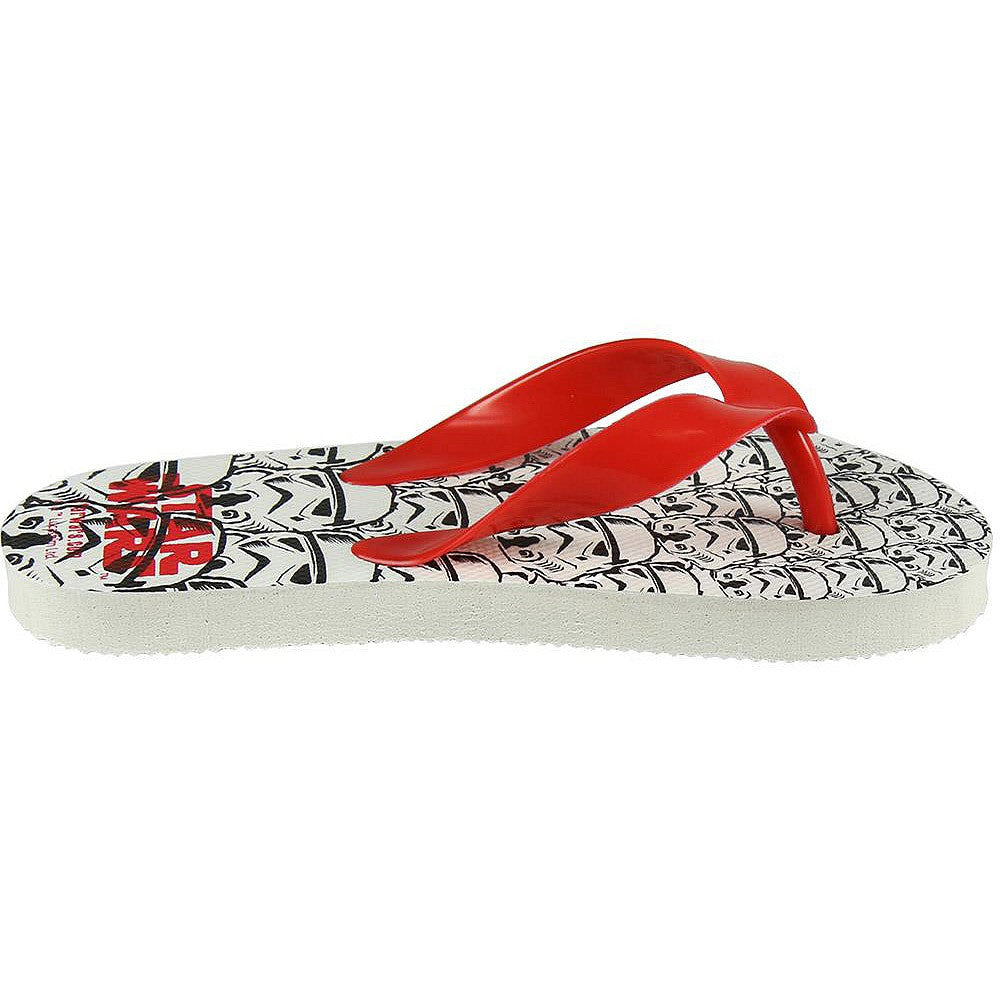 Printed flip-flops with red thong strap and white textured outsole