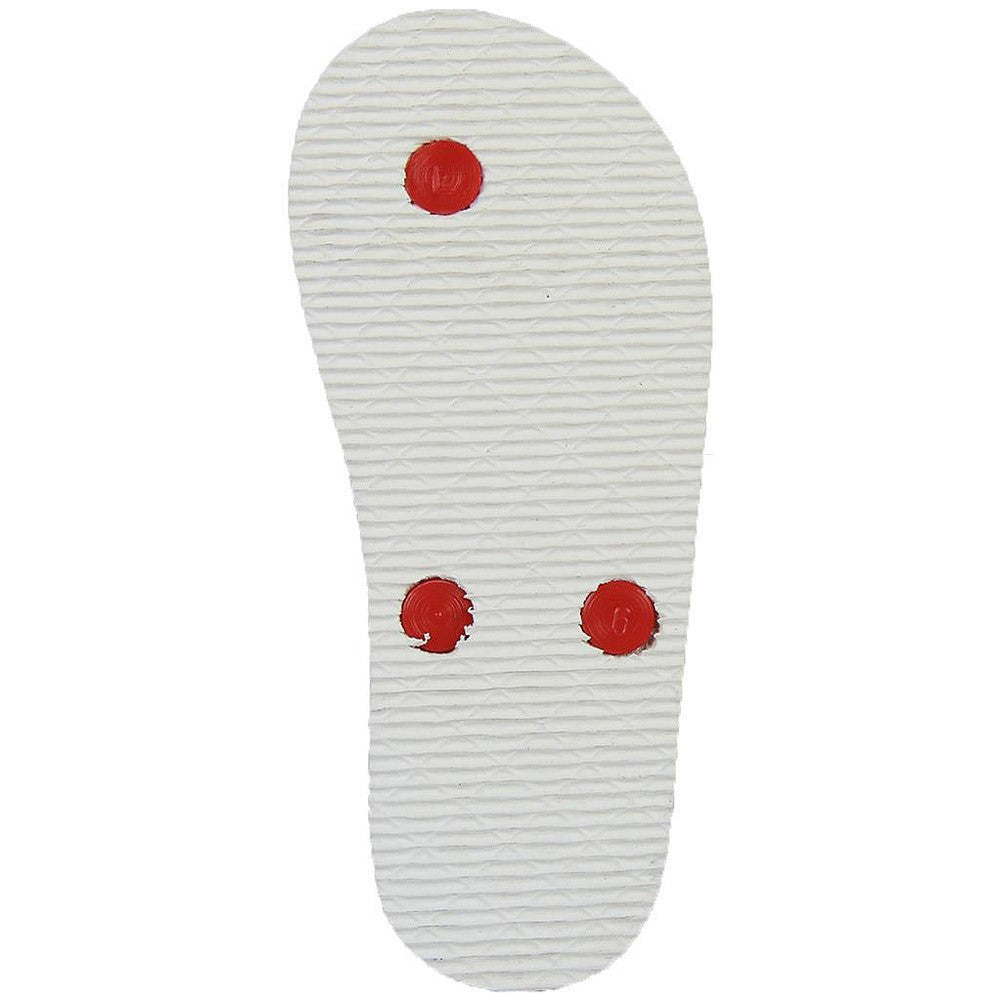 White flip-flop outsole with red traction dots, textured tread