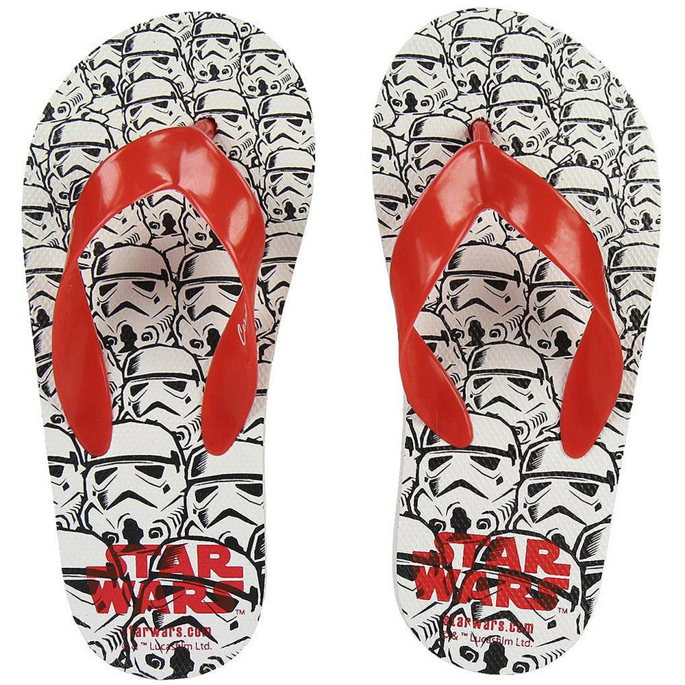 Star Wars flip flops, white with stormtrooper print and red toe straps