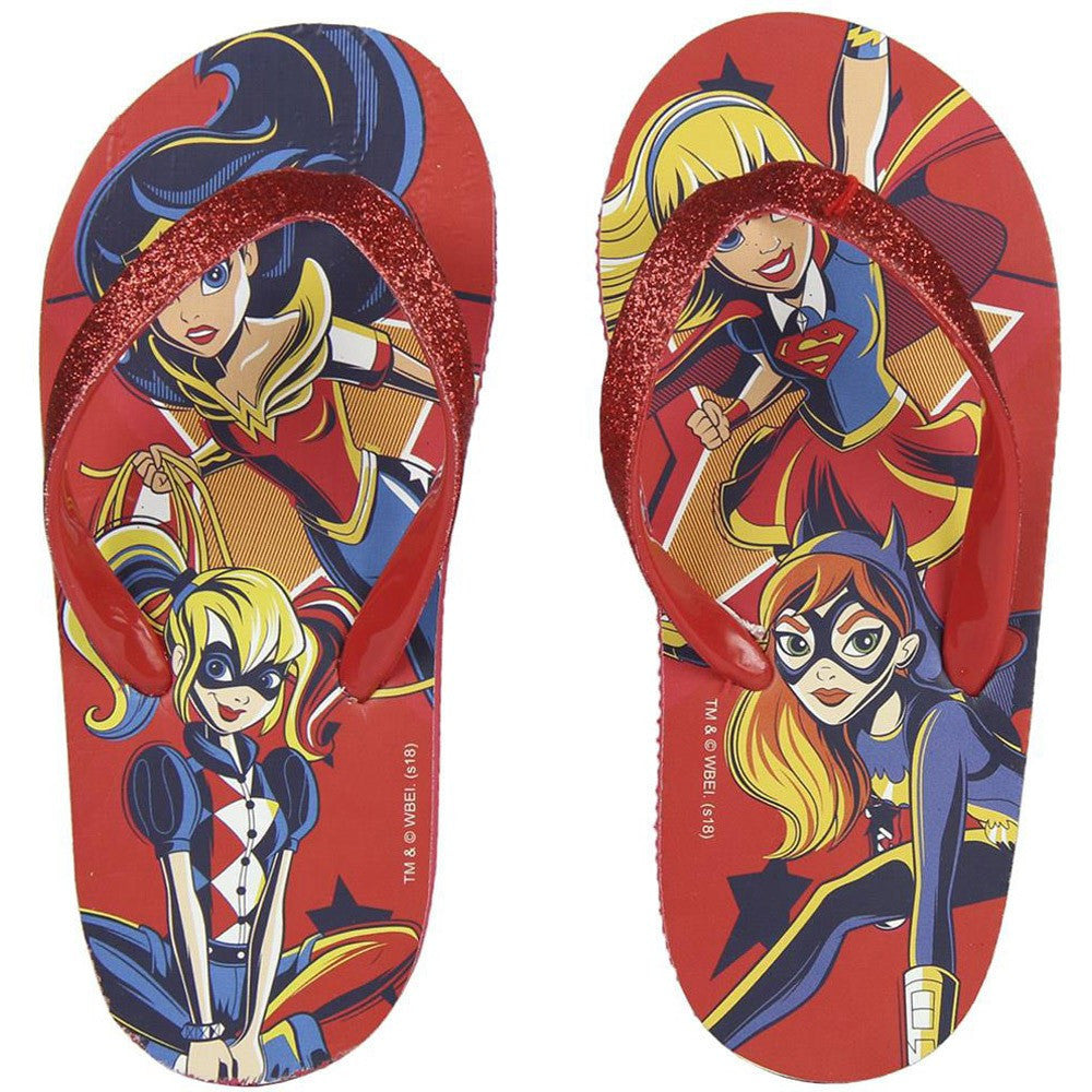 Red superhero-themed flip-flops with comic character artwork and glitter strap