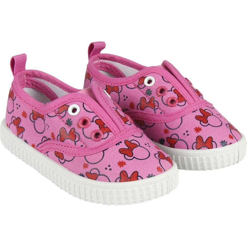 Pink canvas sneakers with Minnie-style character print, lace-up and white rubber sole
