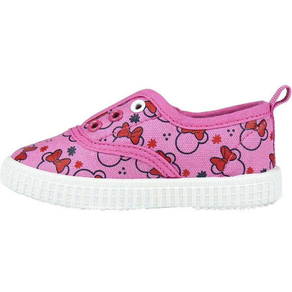 Pink canvas sneaker with Minnie character print, low profile and white textured sole