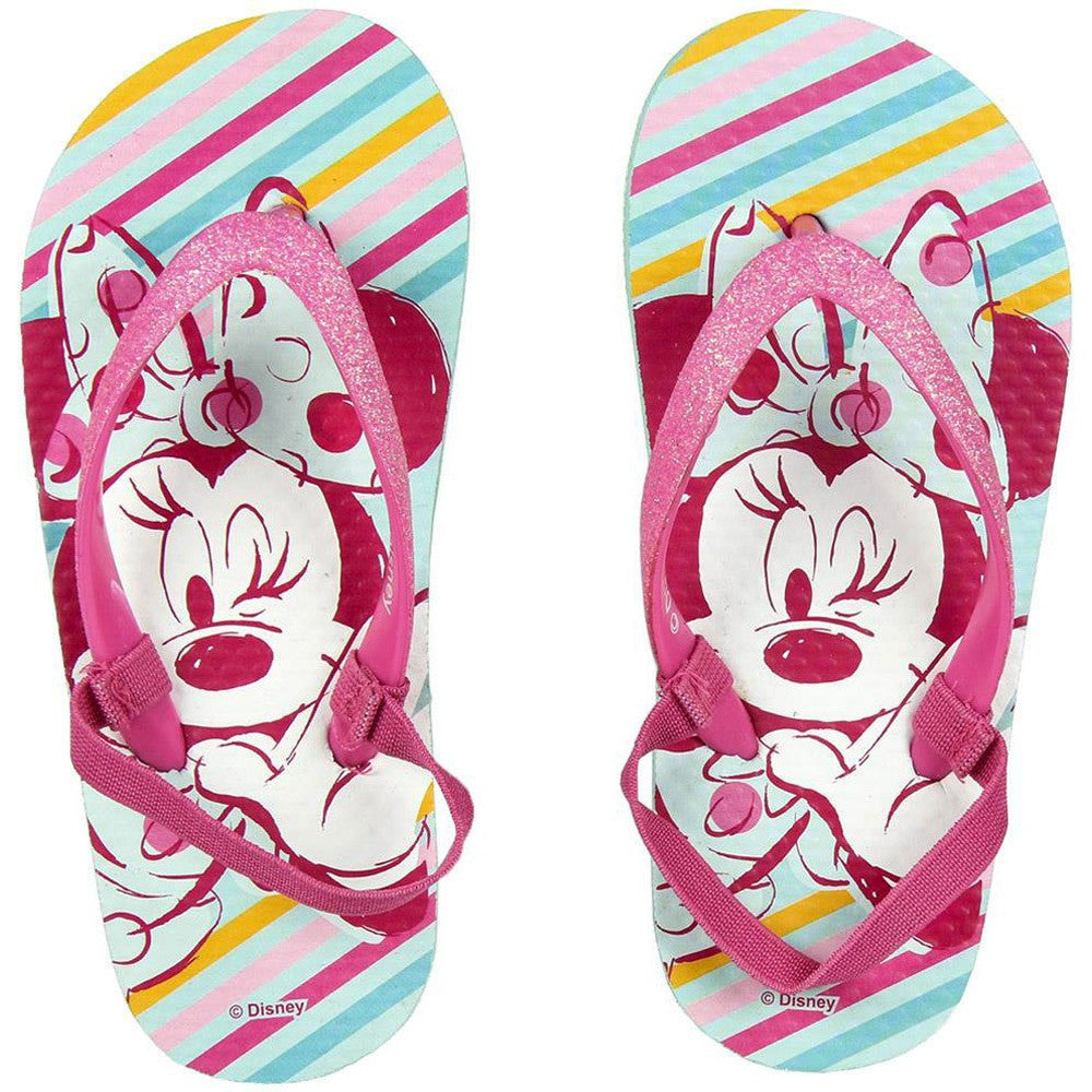 Kids flip flops with Minnie graphic, pastel striped top, pink glitter thong straps