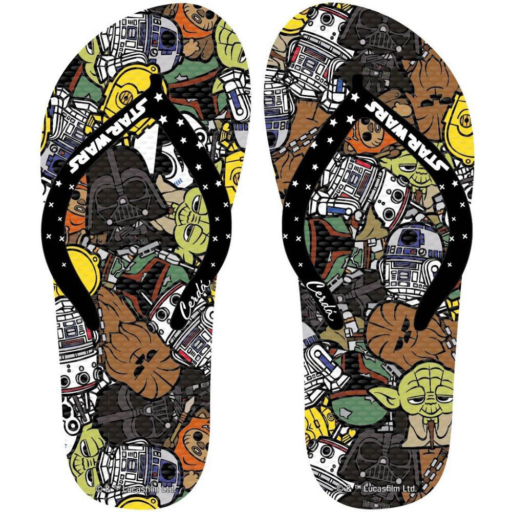 Star Wars flip flops with black straps and multicolor cartoon space print footbeds