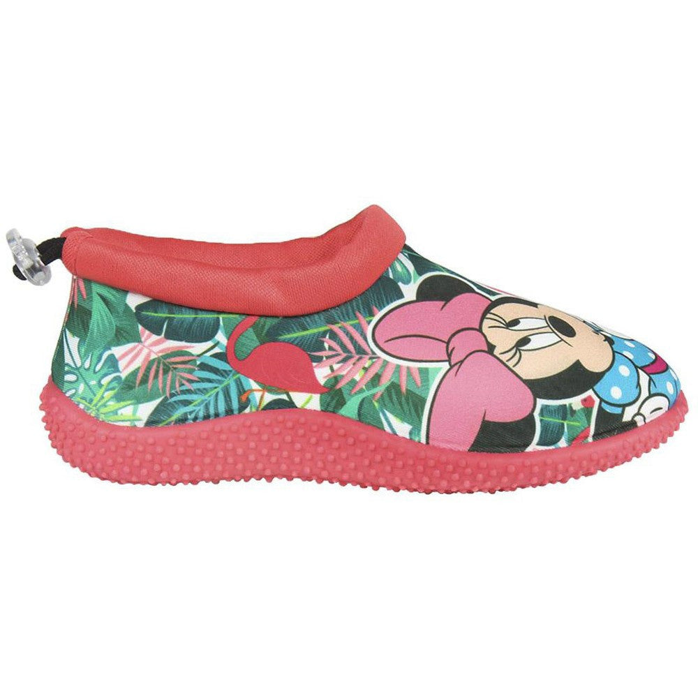 Kids' Minnie beach shoes, green tropical print with red bow, slip-on swim shoe