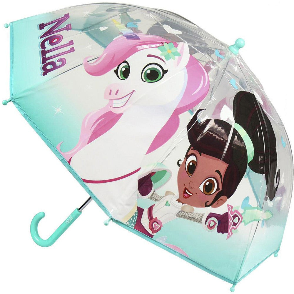 Kids' unicorn umbrella with clear dome and turquoise handle, featuring unicorn and character art.
