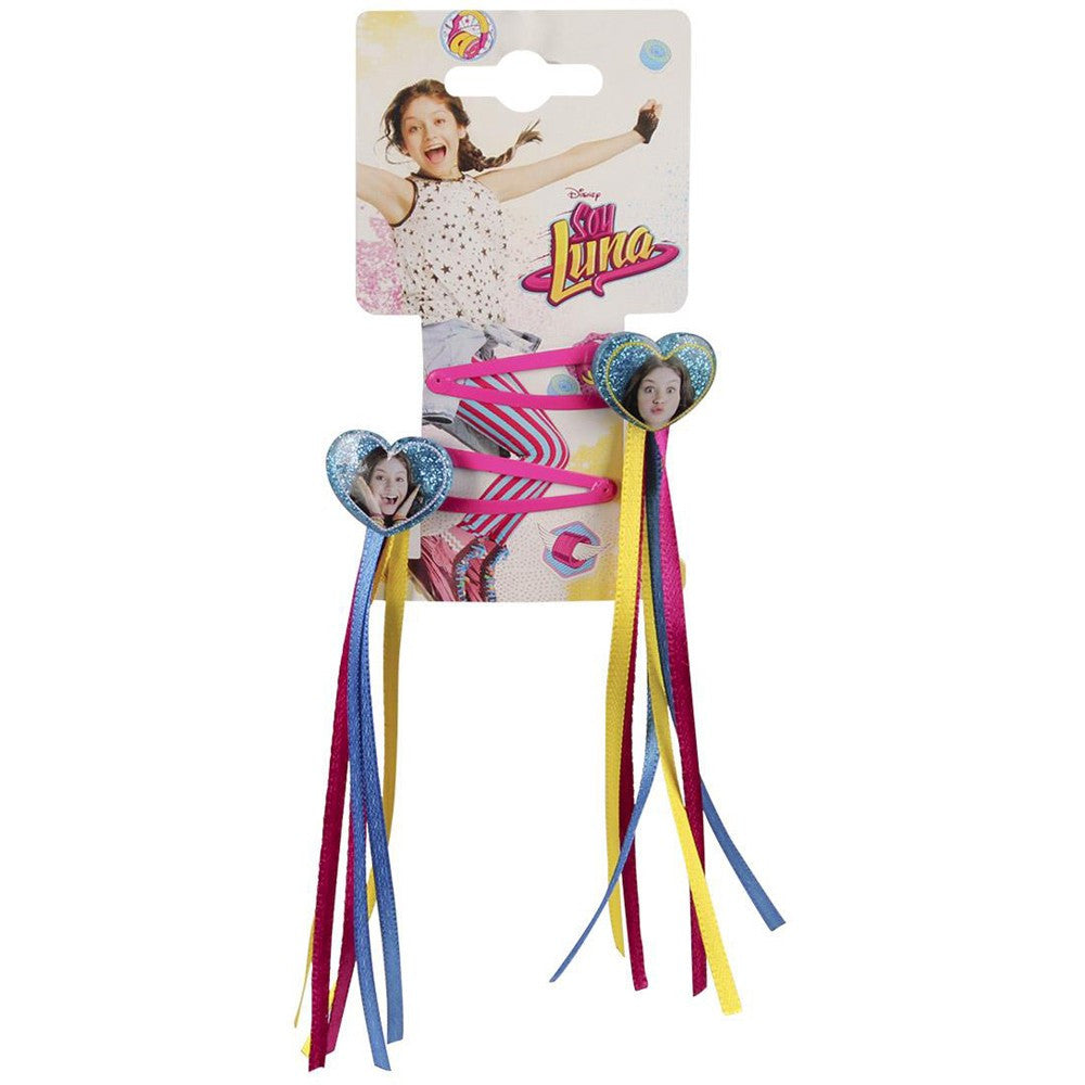 Two pink hair clips with photo charms and long multicolor ribbon streamers on card