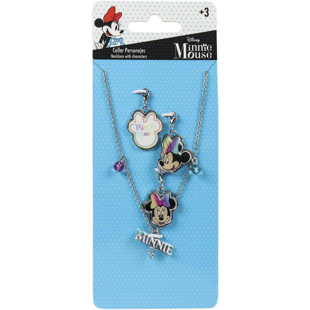 Minnie Mouse charm necklace set on card with three dangling character charms