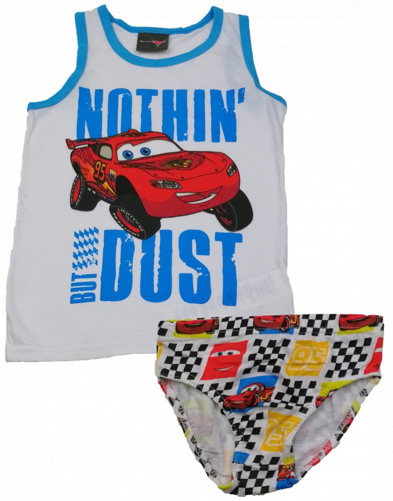 Verdak underwear set with white-blue tank top and matching briefs, bold racing car print