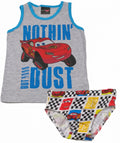 Gray kids underwear set with blue trim, tank top and racing car print briefs