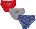 Cars-themed underwear set: red, gray, and blue briefs with cartoon truck graphics
