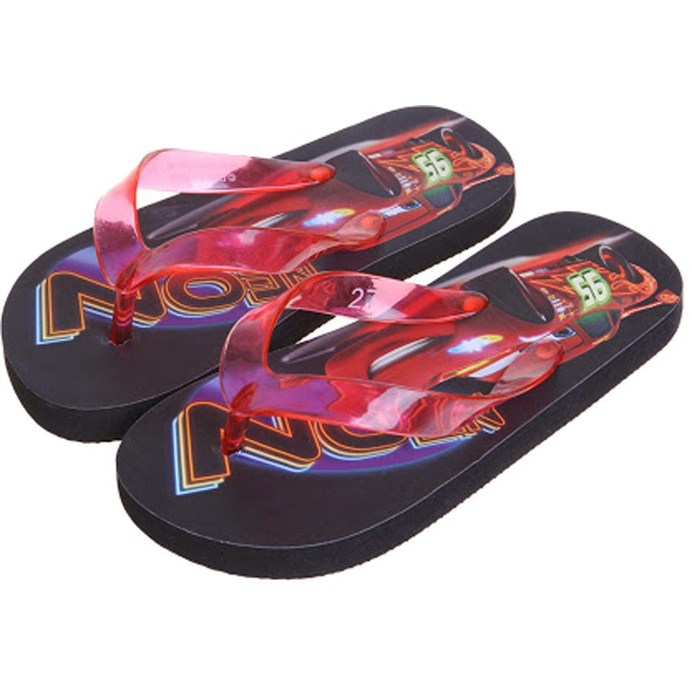 Dark flip-flop slippers with colorful racing-number graphic and red strap
