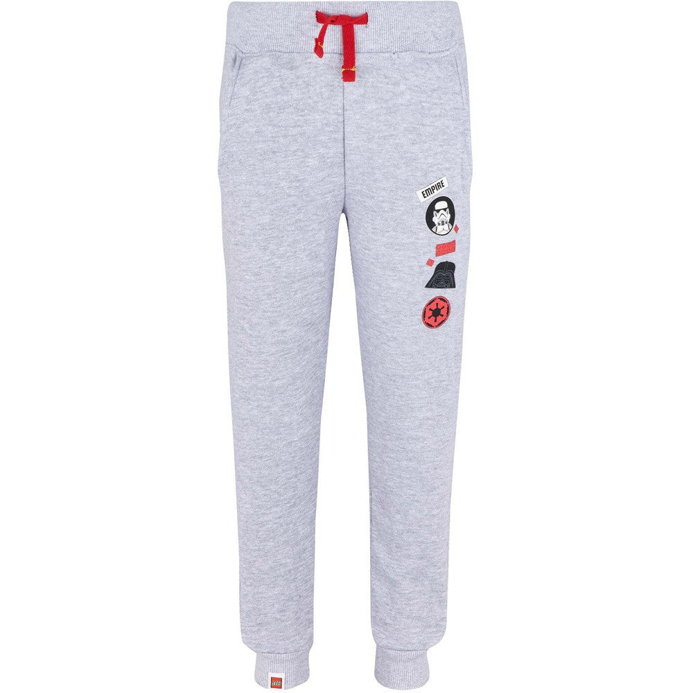 Grey Lego Star Wars sweatpants with red drawstring and graphic on right leg