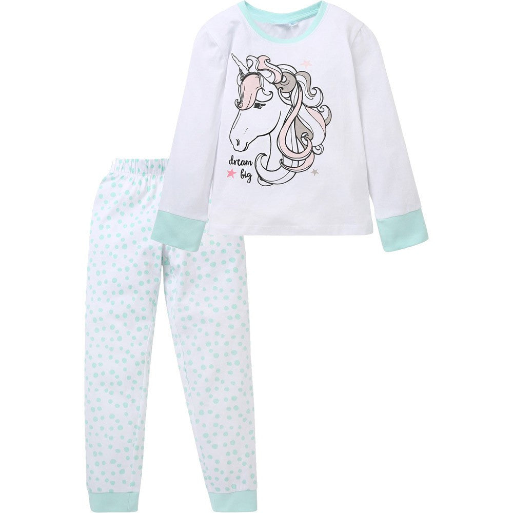 Kids unicorn pajama set: white long-sleeve top w/ light-blue trim, blue dot pants