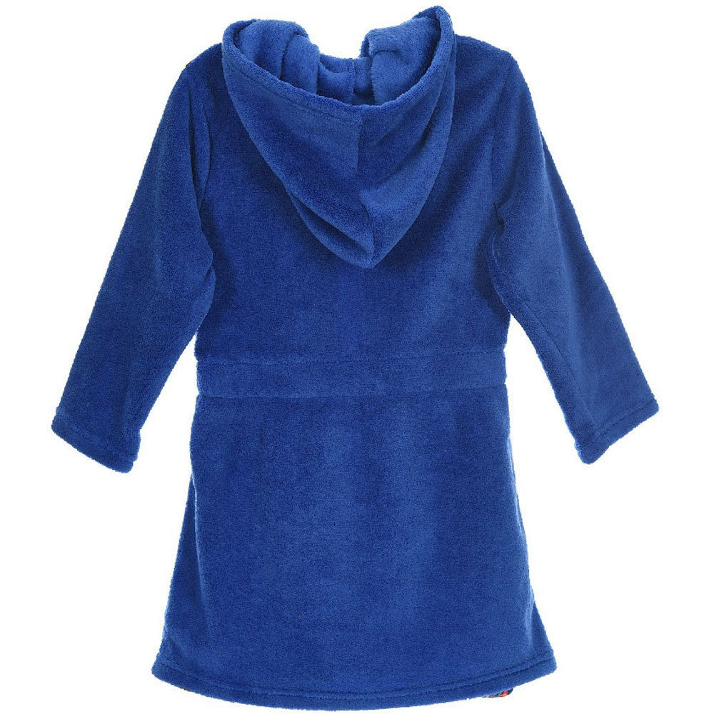 Royal blue fleece hooded robe with long sleeves, no belt visible