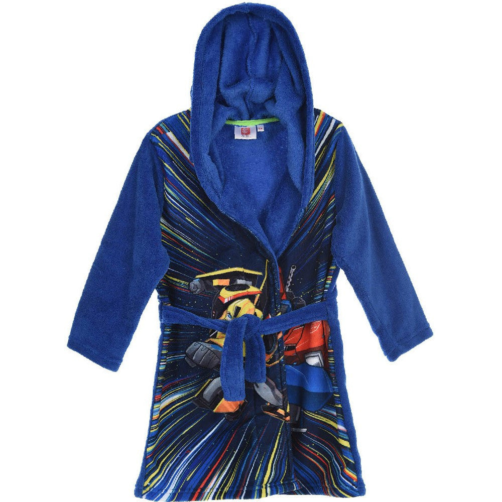 Royal blue fleece hooded robe with belt tie and colorful graphic