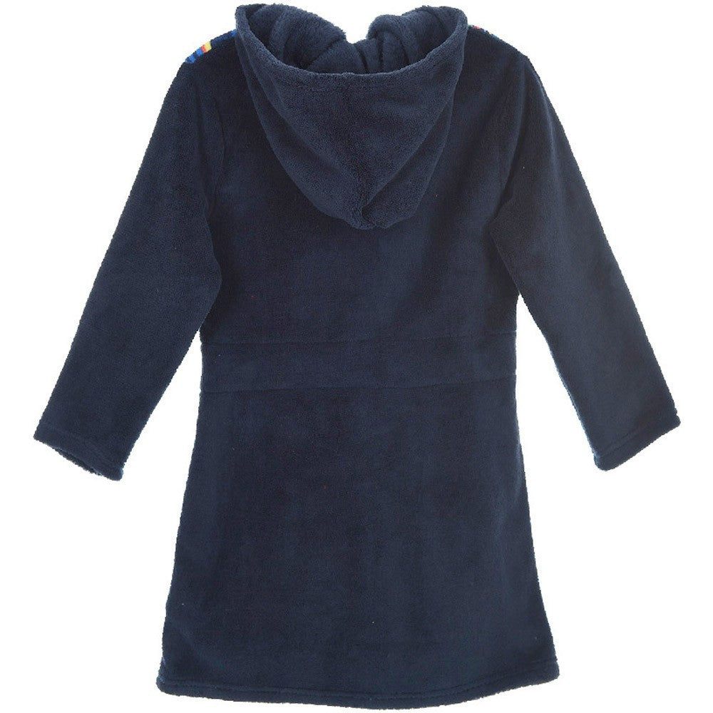Navy fleece hooded robe with long sleeves and front wrap style