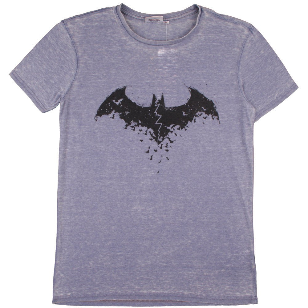 Men's blue tie-dye t-shirt front view, black Batman bat logo, short sleeves