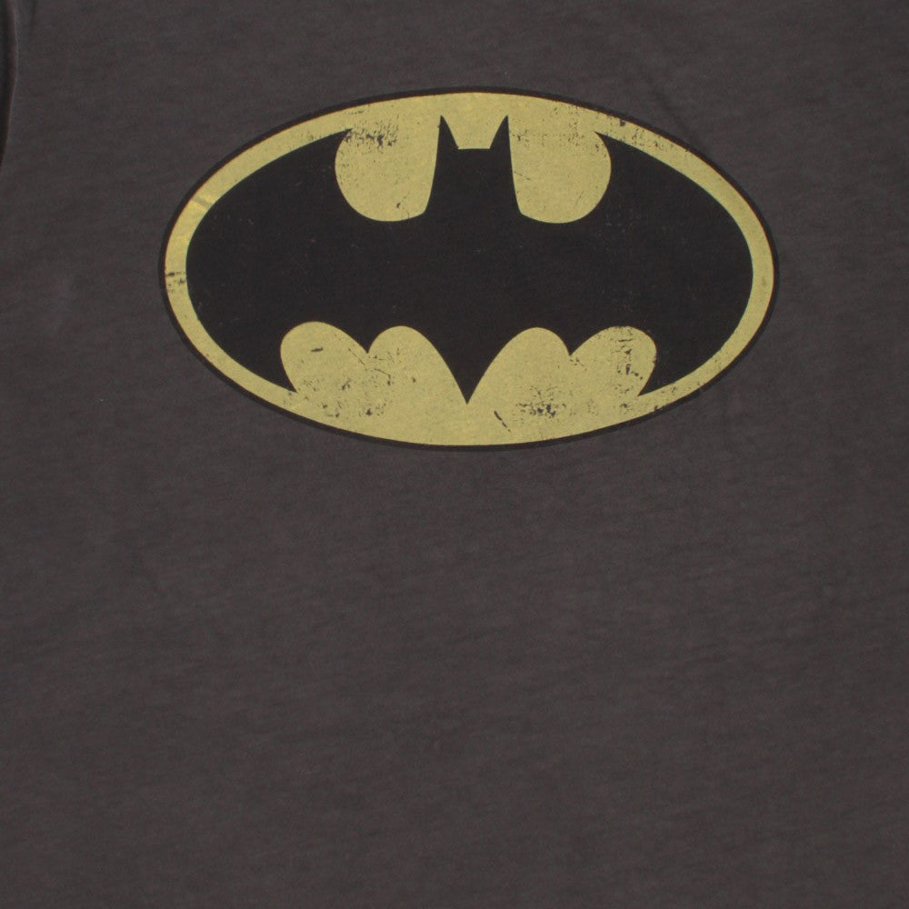 Men's Batman logo t-shirt close-up: yellow oval bat emblem on dark graphite