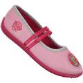Pink fabric slip-on shoe with glitter trim and ribbon strap