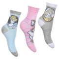 Princess socks set: light blue, pink, and gray crew socks with cartoon princess designs