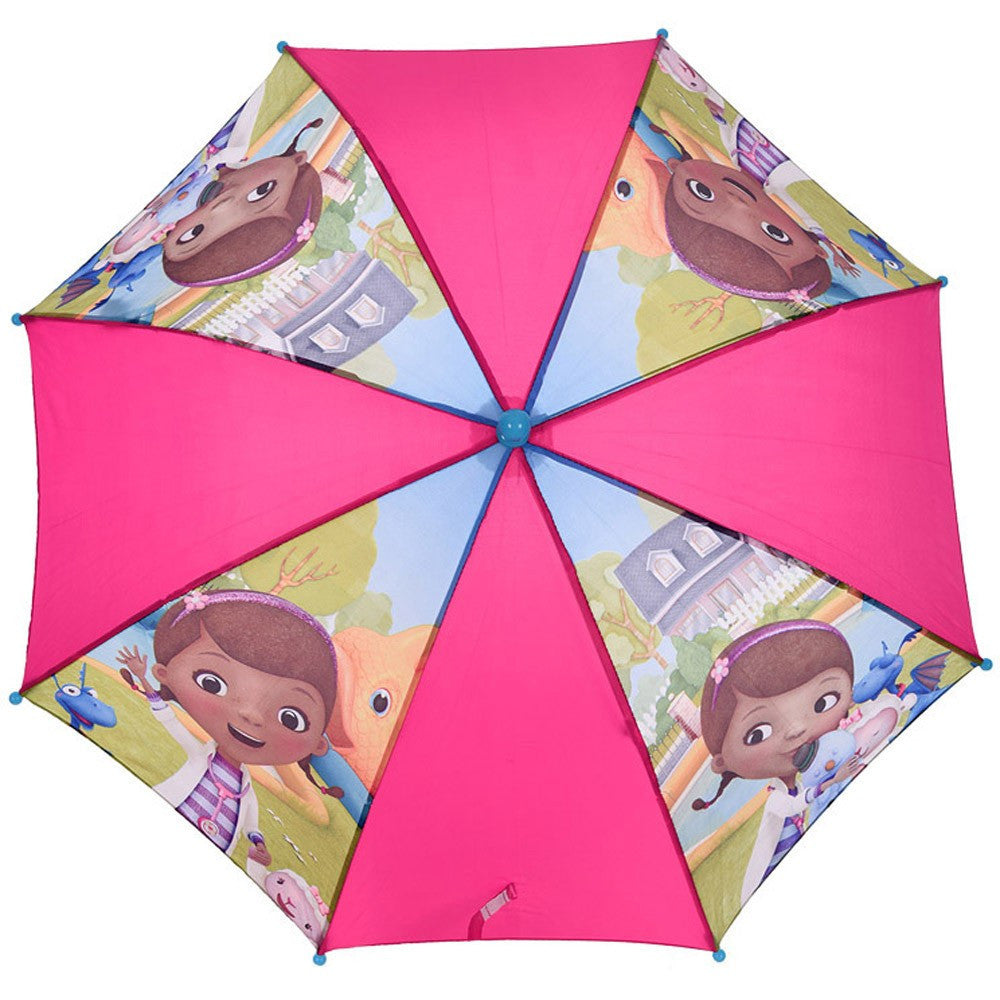 Kids' pink open umbrella with colorful cartoon scenes and blue center hub
