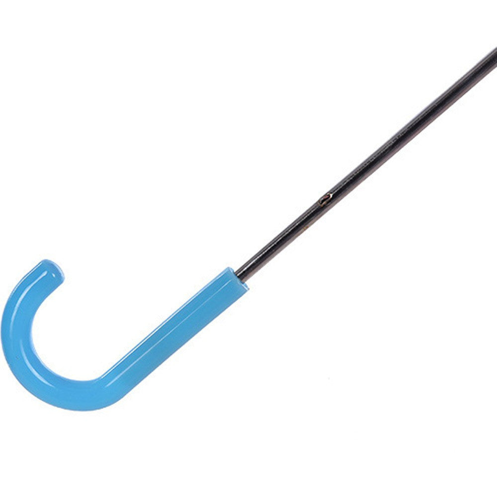 Blue curved handle and black shaft of a kids' umbrella