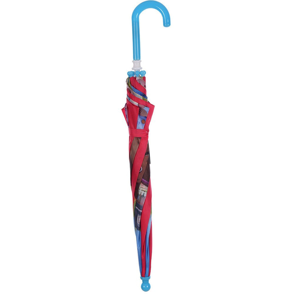 Closed kids' umbrella with blue handle and colorful cartoon fabric cover