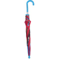 Closed kids' umbrella with blue handle and colorful cartoon fabric cover