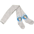 Grey tights with blue character prints at knees and matching toes