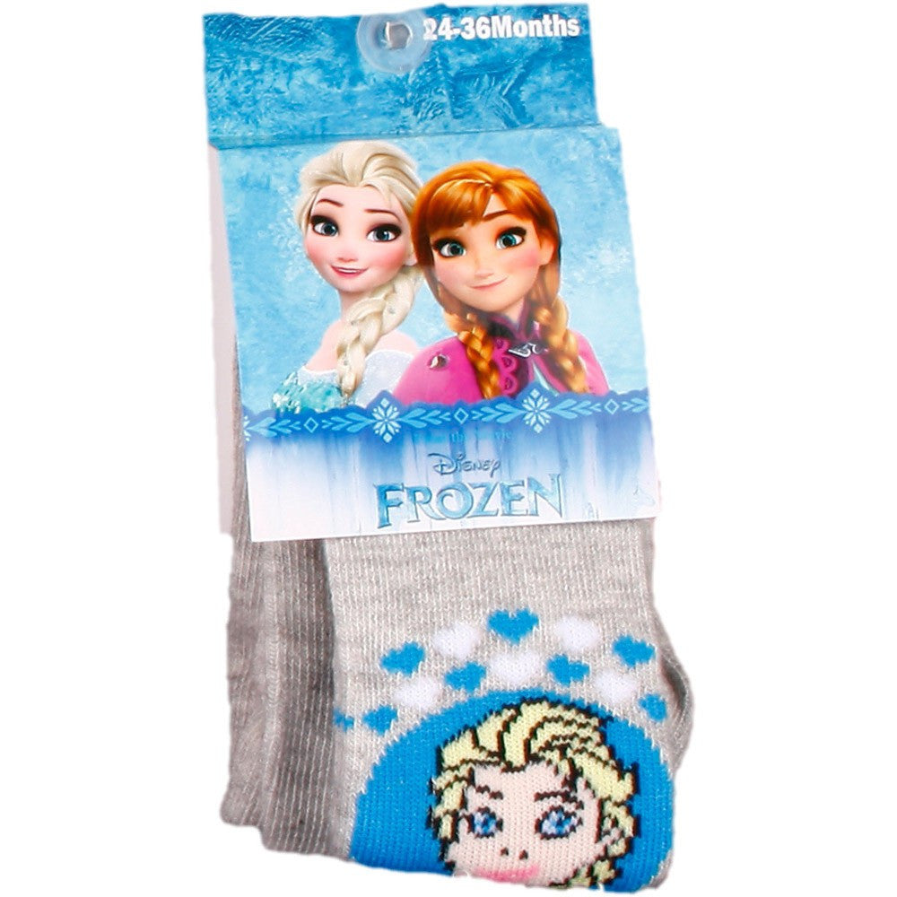 Grey tights with blue character face graphic, snowflake motifs on foot