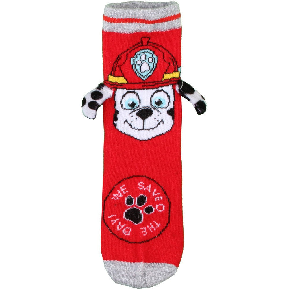 Kids red dog character crew sock with cartoon pup face and shield emblem
