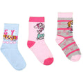Kids Paw Patrol sock set with blue, pink, and striped designs, featuring pups
