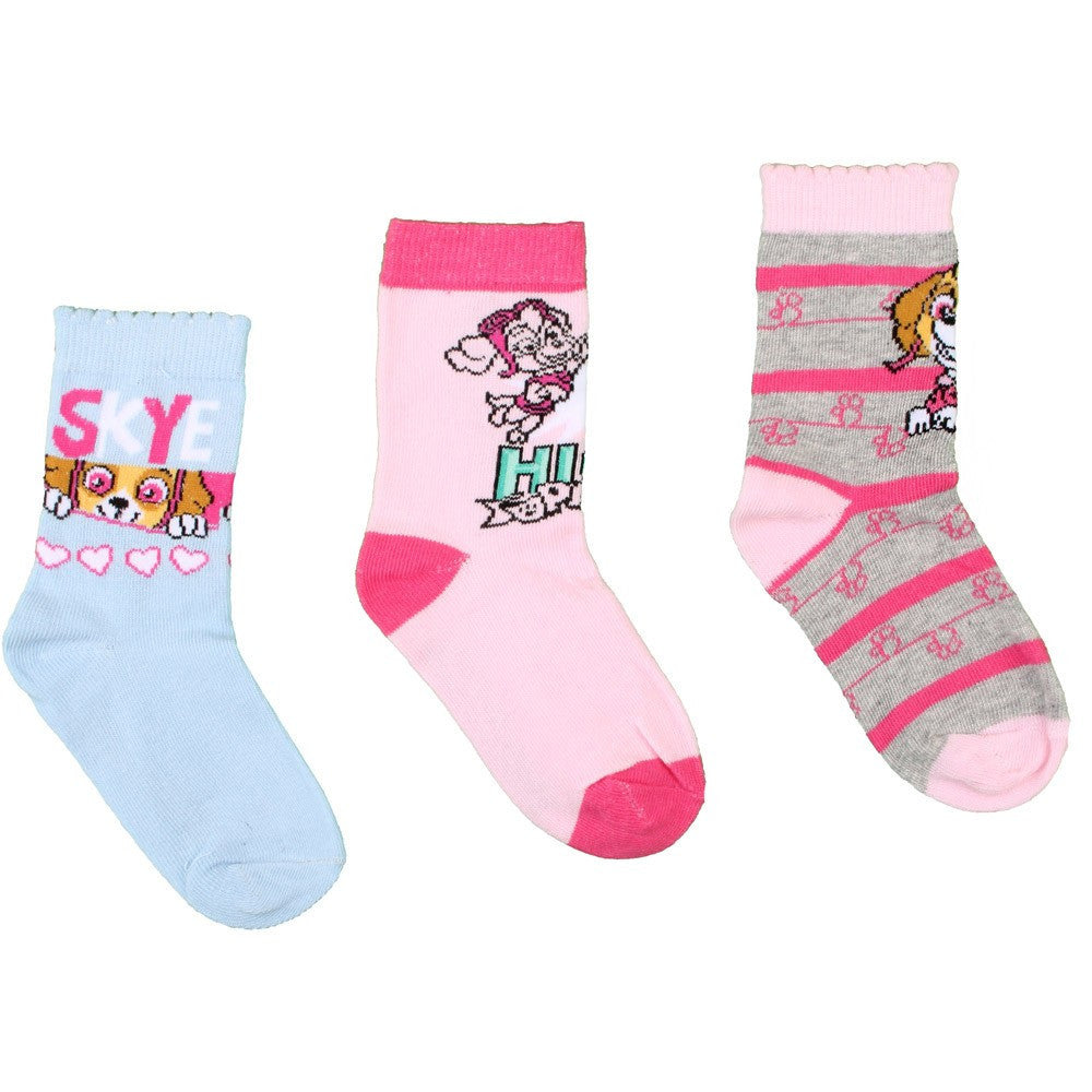 Kids Paw Patrol sock set with blue, pink, and striped designs, featuring pups