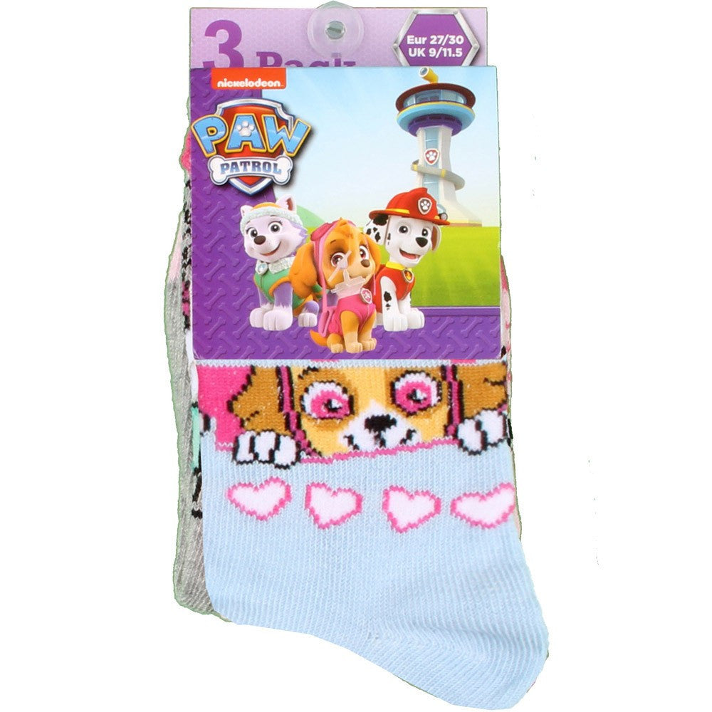 Kids Paw Patrol-style blue sock with cartoon dog face and heart pattern