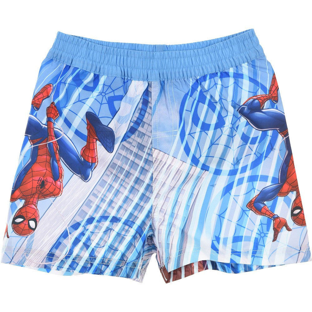 Spider-Man swimming trunks with elastic waist, blue plaid and multicolor character prints
