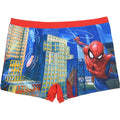 Boys' Spider-Man swim trunks, blue with city print and red waistband