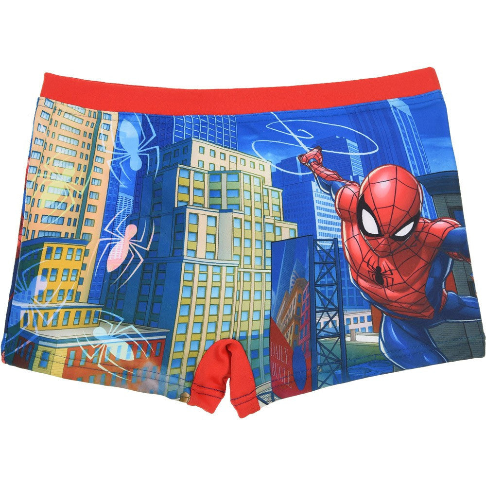 Boys' Spider-Man swim trunks, blue with city print and red waistband