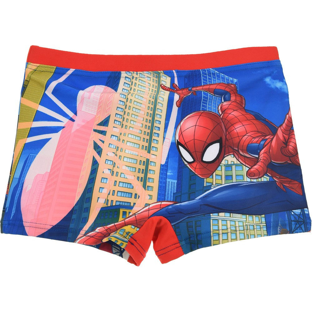 Boys' Spider-Man swim trunks, blue with big Spider-Man graphic and city background