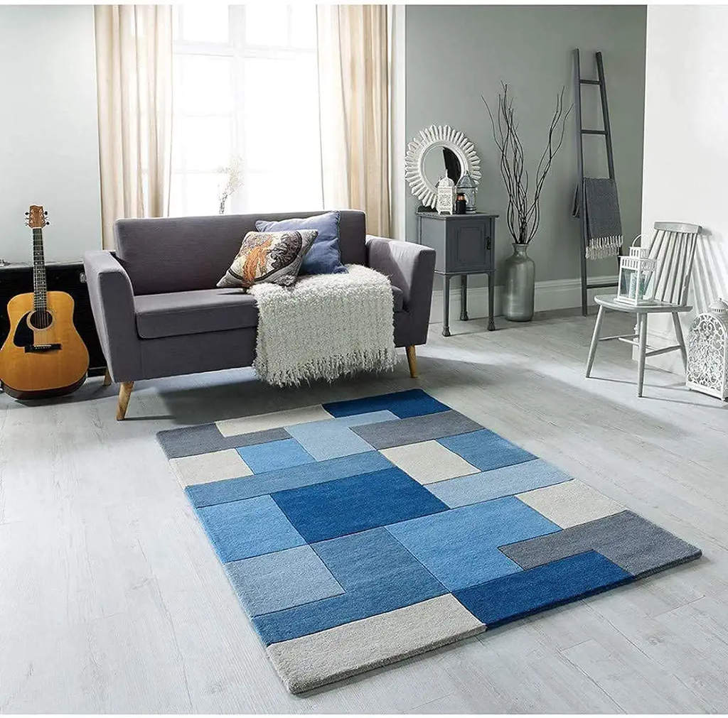 Hand Tufted Wool Rug | Royal Blue, Sky Blue & Ivory | Wool | Orchidgem by Rugfine
