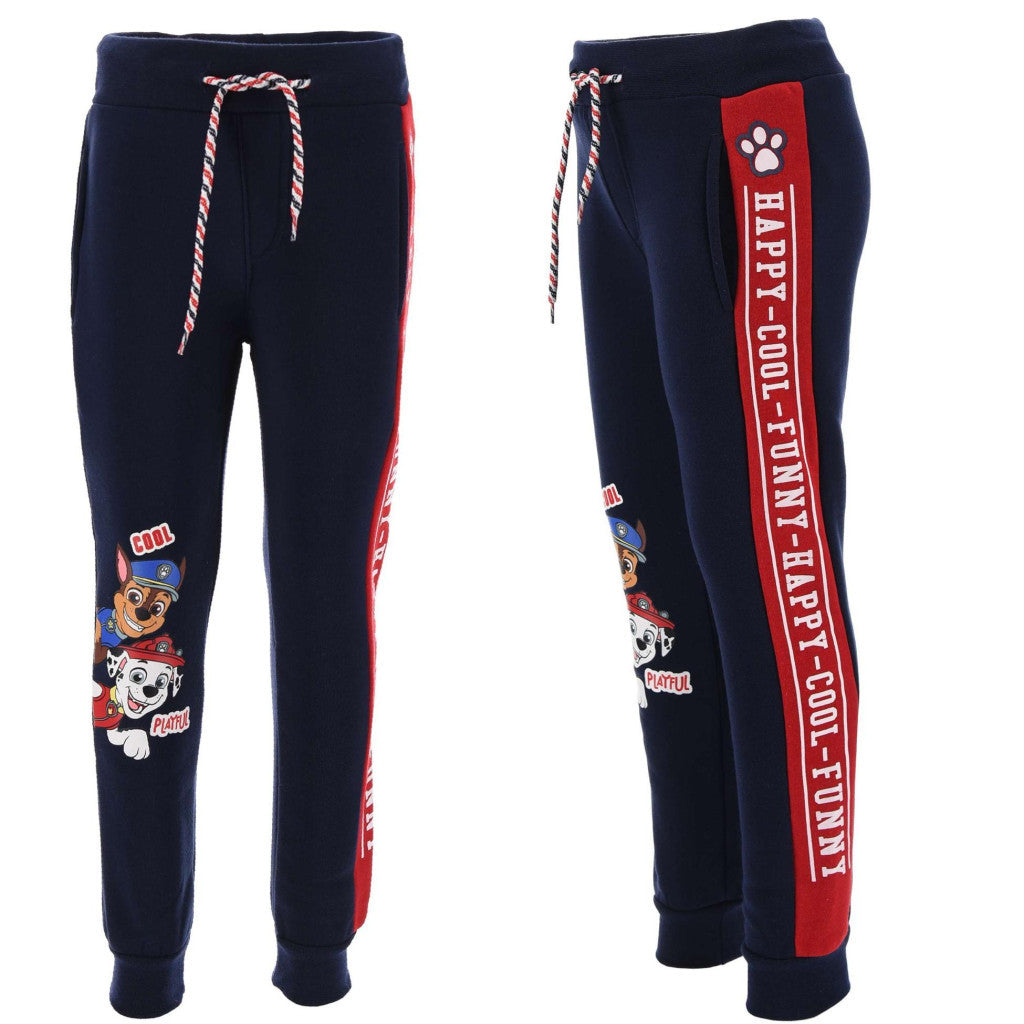 Navy jogging pants with Paw Patrol side stripe, paw emblem, and vertical text