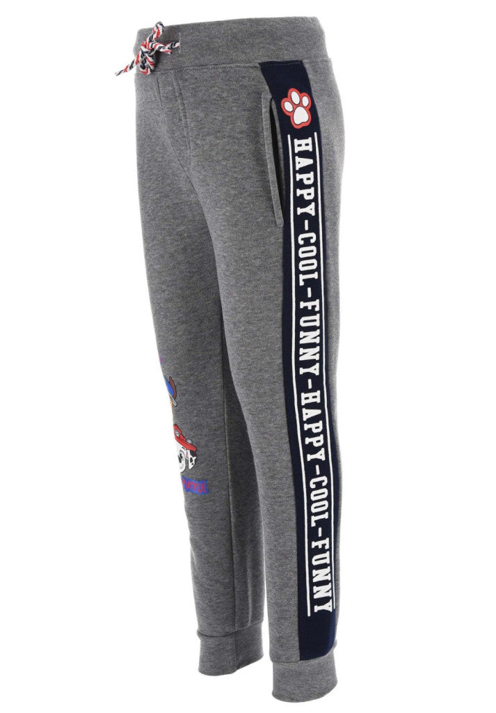 Grey jogging pants with navy side panel, paw patch, and drawstring