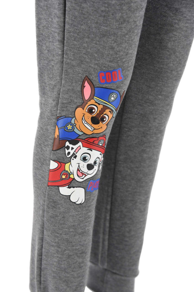Grey jogging pants with character graphic on leg and 'cool' text