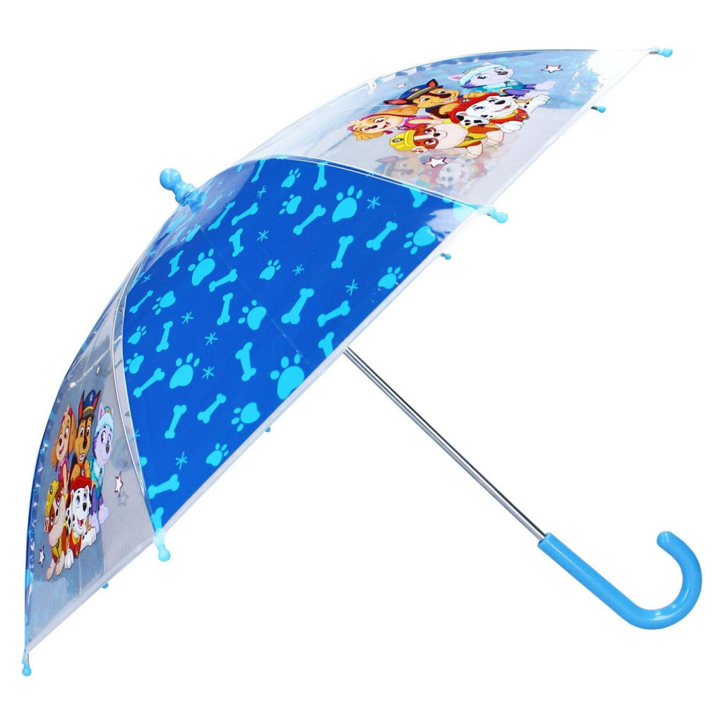 Kids Paw Patrol umbrella, blue patterned canopy with character scenes, side view